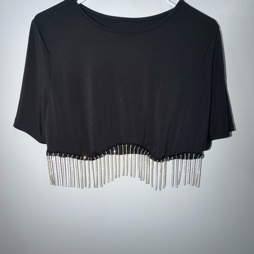 SHEIN Black Beaded Fringe Crop Top